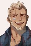  1boy ^_^ aaron_huton_(cyphers) alternate_costume bandaid bandaid_on_cheek bandaid_on_face bara beard black_hair blue_shirt brk_603 checkered_clothes checkered_shirt closed_eyes collared_shirt cyphers facial_hair laughing male_focus mature_male muscular muscular_male pectoral_cleavage pectorals portrait scar scar_across_eye shirt short_hair skirt smile solo spiked_hair teeth thick_eyebrows tongue white_hair 