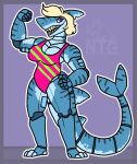  animatronic anthro blonde_hair breasts cleavage clothed clothing countershading female fin fish flexing_bicep hair hand_on_hip head_fin hi_res looking_at_viewer machine marine one-piece_swimsuit purple_eyes robot shark sharp_teeth solo stripes swimwear teeth the_vaporwave_tapir 