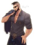  1boy alternate_costume artist_request backlighting bara beard black_hair casual character_name collared_shirt cyphers damian_doyle_(cyphers) dark-skinned_male dark_skin facial_hair feet_out_of_frame grey_shirt highres holding holding_clothes holding_jacket jacket male_focus mature_male mohawk muscular muscular_male partially_unbuttoned pectoral_cleavage pectorals shirt short_hair smile solo standing sunglasses thumb_in_pocket 