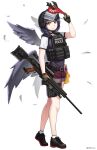  1girl absurdres arm_up black_feathers black_footwear black_hair black_headwear black_wings blue_hair brown_gloves commentary_request feathered_wings feathers genshin_impact gloves gun h&amp;k_psg1 helmet highres holding holding_gun holding_weapon kujou_sara looking_at_viewer mask ndtwofives purple_shirt purple_shorts rifle shirt shoes short_shorts short_sleeves shorts simple_background sniper_rifle socks solo visor weapon white_background white_socks wings yellow_eyes 