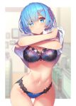  1girl blue_eyes blue_hair clothes_lift cropped hair_ornament highres hong_(white_spider) navel open_clothes open_shirt panties re:zero_kara_hajimeru_isekai_seikatsu rem_(re:zero) shirt shirt_lift smile solo source_request underwear white_shirt x_hair_ornament 