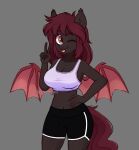  2022 5_fingers anthro bat_pony bat_wings bottomwear breasts clothing digital_media_(artwork) ear_tuft equid female fingers gesture grey_background hair handgunboi hasbro hi_res humanoid_hands mammal membrane_(anatomy) membranous_wings my_little_pony navel red_eyes red_hair red_tail shirt shorts simple_background smile solo standing tongue tongue_out topwear tuft v_sign wings 