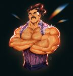  1boy arm_hair artist_logo artist_name bara bare_pectorals biceps black_hair brown_eyes character_request chest_hair collared_shirt crossed_arms facial_hair feet_out_of_frame hairy large_pectorals light light_rays looking_at_viewer male_focus manly mature_male muscular muscular_male mustache open_clothes open_shirt pants partially_unbuttoned pectorals pokemon pokemon_(game) pokemon_sv shirt short_hair simple_background solo thick_arms thick_eyebrows tight torn_clothes veins veiny_arms xelgot 