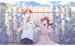  1boy 1girl :d artist_name bangs blue_sky brown_hair closed_eyes cloud cloudy_sky dress fence food holding holding_food holding_hands kana_(ykskkn) long_hair luke_pearce_(tears_of_themis) open_mouth outdoors pink_dress polo_shirt popsicle rosa_(tears_of_themis) shirt short_hair short_sleeves sky smile tears_of_themis white_shirt 