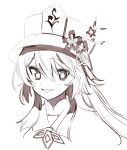  1girl bangs flower flower-shaped_pupils genshin_impact hair_between_eyes hat hat_flower highres hu_tao_(genshin_impact) long_hair looking_at_viewer monochrome parted_lips portrait simple_background smile solo symbol-shaped_pupils tetuw white_background 