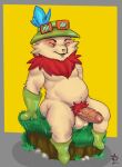  2022 anthro balls belly biped boots clothing digital_media_(artwork) erection eyes_closed footwear fur genitals gloves grizzledcroc handwear hat headgear headwear hi_res humanoid_genitalia humanoid_penis league_of_legends male multicolored_body multicolored_fur neck_tuft penis pubes red_body red_fur red_pubes riot_games simple_background sitting slightly_chubby slightly_chubby_male solo tan_body tan_fur teemo_(lol) tuft two_tone_body two_tone_fur video_games yellow_background yordle 