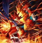  abs angry anthro armor bandai_namco betelgammamon blue_body claws digimon digimon_(species) duo elemental_manipulation fight fire fire_manipulation flamedramon hi_res horn male red_body red_eyes scarf sharp_claws wolfkenken yellow_eyes 