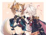  2boys ^^^ animal_ears antenna_hair aqua_eyes arm_guards armor asymmetrical_sleeves bangs belt belt_buckle black_belt black_collar black_gloves black_jacket black_scarf blush border brown_hair buckle chest_belt closed_mouth collar commentary_request crop_top dango dog_boy dog_ears dog_tail eating eye_contact fingerless_gloves food genshin_impact gloves gorou_(genshin_impact) hair_between_eyes hair_ornament hand_up highres holding holding_food igote jacket japanese_armor japanese_clothes kaedehara_kazuha kimono long_sleeves looking_at_another looking_at_viewer low_ponytail male_focus medium_hair midriff mizuamememe multicolored_hair multiple_boys navel outside_border parted_lips paw_print pom_pom_(clothes) ponytail profile red_eyes red_hair red_scarf sanshoku_dango scarf short_hair short_sleeves shoulder_armor sidelocks sode stomach streaked_hair sweatdrop tail tassel thick_eyebrows two-tone_hair upper_body wagashi white_border white_hair white_kimono 