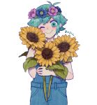  1boy :&gt; basil_(omori) blush character_name closed_mouth flower green_eyes head_wreath holding holding_flower looking_at_viewer nagakun_omo omori one_eye_closed overall_shorts overalls shirt short_hair short_sleeves smile solo sunflower yellow_shirt 