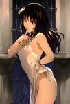  1girl artist_name bare_arms bare_shoulders black_hair bracelet breasts brown_eyes clothes_lift commentary dress dress_lift english_commentary final_fantasy final_fantasy_viii finger_to_mouth halter_dress halterneck highres indoors jewelry long_hair looking_at_viewer no_panties optionaltypo parted_lips rinoa_heartilly side_slit signature sleeveless sleeveless_dress solo white_dress 