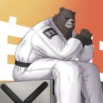  1:1 2022 anthro ben_(zenless_zone_zero) bottomwear brown_body brown_fur clothing fur gradient_background hi_res huangowild male mammal mihoyo simple_background sitting solo topwear unamused ursid video_games white_bottomwear white_clothing white_topwear zenless_zone_zero 