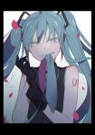  1girl absurdres adjusting_clothes adjusting_gloves aqua_eyes aqua_hair biting biting_clothes gloves hatsune_miku highres mouth_hold necktie necktie_in_mouth nibxxx sleeveless solo twintails vocaloid 