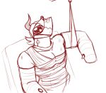  anthro bandage black_and_white bodily_fluids broken_horn bruised cast crying demon demon_humanoid digital_media_(artwork) gooseworx hair horn humanoid male monochrome muscular muscular_anthro muscular_male neck_brace sad sigrik simple_background solo tears wounded 