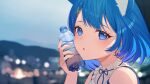  1girl 774_inc. :o animal_ear_fluff animal_ears bangs bare_shoulders blue_eyes blue_hair blurry blurry_background bottle depth_of_field earrings gradient_hair hair_ornament hairclip hand_up heart heart_earrings highres holding holding_bottle jewelry multicolored_hair nishino_eri parted_lips purple_hair sleeveless solo souya_ichika upper_body virtual_youtuber water_bottle x_hair_ornament 