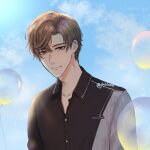  1boy artem_wing_(tears_of_themis) artist_name balloon bangs black_shirt blue_eyes blue_sky brown_hair closed_mouth cloud cloudy_sky collared_shirt highres jtyldraws outdoors shirt short_hair short_sleeves sky smile solo tears_of_themis 