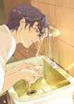  1boy absurdres bangs dog_tags highres jiukuzi18797 marius_von_hagen_(tears_of_themis) open_mouth purple_eyes purple_hair shirt short_hair sink sleeves_rolled_up solo tears_of_themis tile_wall tiles water wet white_shirt 