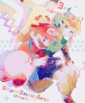  blonde_hair blue_eyes blue_overalls boots brown_footwear brown_hair controller earrings facial_hair game_controller green_headwear green_tunic hair_between_eyes hat holding holding_controller holding_game_controller jewelry kirby kirby_(series) link mario mario_(series) maruta_maruta multiple_boys mustache open_mouth overalls pikachu pointy_ears pokemon pokemon_(creature) pokemon_(game) red_headwear red_shirt shirt sidelocks sitting smile super_smash_bros. the_legend_of_zelda 