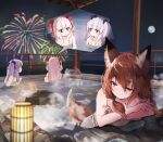  3girls animal_ear_fluff animal_ears bangs blue_bow bow brown_eyes brown_hair commentary_request commission fireworks fox_ears fox_girl fox_tail full_moon hair_between_eyes hair_bow highres long_hair looking_away moon multiple_girls naked_towel nanana_(nanana_iz) night onsen original partially_submerged railing red_bow rock skeb_commission smile steam tail towel twintails water white_hair 
