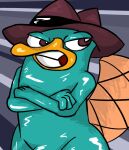 angry beak brown_eyes clothing crossed_arms disney fedora fur green_body green_fur hat headgear headwear male mammal momu9172 monotreme perry_the_platypus phineas_and_ferb platypus solo 
