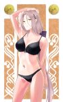  1girl absurdres alternate_costume aug_(girls&#039;_frontline) bangs bare_shoulders black_bra black_panties blonde_hair bra breasts cleavage closed_mouth feet_out_of_frame flower girls&#039;_frontline hair_flower hair_ornament hairclip hand_on_own_head highres lips long_hair looking_at_viewer medium_breasts mole mole_under_eye navel orange_eyes panties simple_background solo standing sugac twitter_username underwear very_long_hair 