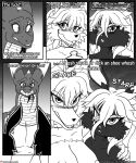  2018 absurd_res anthro blake_sinclair blush bodily_fluids breasts canid canine choker clothed clothing comic dragon drunk english_text female fox group hair hi_res horn if_hell_had_a_taste jewelry lagomorph leporid male mammal monochrome muscular muscular_anthro muscular_male necklace nipples notched_ear open_mouth profanity rabbit scales scar shirt skylar_fidchell substance_intoxication sweat text tiffany_brewwer topless topless_female topwear trio viroveteruscy 