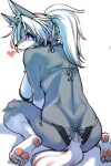  &lt;3 5_toes anthro big_breasts big_butt bikini black_bikini black_clothing black_swimwear breasts butt canid canine canis clothed clothing digital_media_(artwork) eyelashes feet female female_anthro fur grey_body grey_fur hair hi_res huge_breasts inner_ear_fluff kemono long_hair looking_at_viewer looking_back mammal okami_bark one_eye_closed ookamiwaho pawpads ponytail purple_eyes rear_view simple_background sitting smile smiling_at_viewer solo swimwear toes tuft white_body white_fur white_hair wink wolf 