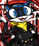  anthro atlus bandanna belt black_body black_fur blue_eyes domestic_cat felid feline felis fur kerchief male mammal mask megami_tensei megami_tensei_persona momu9172 morgana_(persona) pose solo tongue utility_belt video_games white_body white_fur 