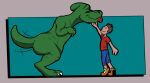  beta_pup clothing dinosaur duo feral happy human love male male/male mammal reptile scalie scratching size_difference stretching tail_motion tailwag tall theropod tyrannosaurid tyrannosaurus tyrannosaurus_rex 