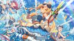  4girls animal_ears bangs blonde_hair blue_hair braid breasts carrot_hair_ornament cloud dark-skinned_female dark_elf dark_skin day elf food-themed_hair_ornament grey_hair hair_ornament hair_ribbon high_ponytail highres holding holding_hose hololive hose houshou_marine long_hair multicolored_hair multiple_girls outdoors pointy_ears ponytail rabbit_ears rabbit_girl rainbow ribbon sakumichi shiranui_flare shirogane_noel short_eyebrows small_breasts splashing streaked_hair swept_bangs thick_eyebrows twin_braids two-tone_hair usada_pekora virtual_youtuber water water_drop water_gun wet white_hair 