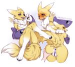  2022 anthro bandai_namco black_sclera blue_eyes blush digimon digimon_(species) female fluffy fluffy_tail fur genitals looking_at_viewer michikochan nude pinup pose pussy renamon sketch_page solo yellow_body yellow_fur 