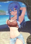  1girl arm_behind_head arm_up armpits beach bikini blue_eyes blue_flower blue_hair blue_sarong breasts brown_bikini cowboy_shot day flower gotland_(kancolle) gotland_andra_(kancolle) hair_between_eyes hair_flower hair_ornament highres jewelry kantai_collection long_hair medium_breasts mole mole_under_eye navel necklace ocean outdoors sarong sidelocks solo standing sweat swimsuit tukimotoreiji 