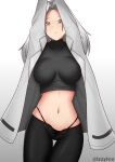  1girl artist_name black_panties black_pants black_shirt breasts closed_mouth feet_out_of_frame girls&#039;_frontline grey_eyes grey_hair hands_up highres izzyice jacket lady_grey_(girls&#039;_frontline) large_breasts light_blush long_hair long_sleeves looking_at_viewer navel open_clothes open_jacket panties pants shirt solo standing underwear white_background white_jacket 