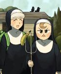  2girls ^_^ american_gothic backpack bag banana bird brown_eyes brown_hair catholic closed_eyes crow diva_(hyxpk) fine_art_parody food freckles froggy_nun_(diva) fruit green_bag grey_hair habit highres holding holding_pitchfork hut little_nuns_(diva) multiple_girls nun outdoors parody pitchfork sheep_nun_(diva) sky smile standing tongue tongue_out tree 