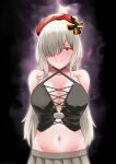  1girl absurdres arms_behind_back bangs bare_shoulders beret black_shirt blush breasts closed_mouth collarbone crop_top cross g36c_(girls&#039;_frontline) german_flag girls&#039;_frontline grey_hair grey_skirt hair_between_eyes hair_over_one_eye hair_ribbon hat highres iron_cross long_hair looking_at_viewer medium_breasts mod3_(girls&#039;_frontline) navel out_of_frame red_eyes red_headwear ribbon shading_eyes shirt simple_background skirt smile solo standing sugac twitter_username upper_body 