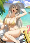  1girl :d absurdres arm_behind_head arm_up beach beach_towel bikini bird blonde_hair blue_archive blue_sky breasts day feet_out_of_frame flamingo green_eyes grey_hair hape hat hermit_crab highres innertube large_breasts long_hair navel nonomi_(blue_archive) nonomi_(swimsuit)_(blue_archive) ocean outdoors sitting sky smile solo starfish stomach suitcase sun_hat swimsuit thighs towel yellow_bikini 