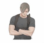  1boy ashley_swidowski asymmetrical_hair bangs belt black_gloves blonde_hair blue_eyes crossed_arms gloves grey_shirt holster leon_s._kennedy male_focus muscular muscular_male parted_bangs resident_evil resident_evil_2 shirt short_hair solo t-shirt tight tight_shirt upper_body white_background 