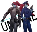  5_fingers absurd_res animal_humanoid armor belt blue_body blue_skin bow_tie breasts clothing cuff_(restraint) deltarune duo ear_fins eye_patch eyewear female fin fingers fish fish_humanoid gun hair half-closed_eyes handcuffs hat headgear headwear hi_res holding_object holding_weapon humanoid marine marine_humanoid metal_cuffs narrowed_eyes police_hat police_uniform ponytail ranged_weapon red_hair restraints sharp_teeth smile teeth torotale undertale undertale_(series) undyne uniform video_games weapon yellow_sclera yellow_teeth 