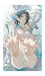 1girl absurdres arknights armpits ass barefoot bikini black_eyes black_hair breasts feet goggles goggles_around_neck hair_ornament hao_guangze_yu highres la_pluma_(arknights) looking_at_viewer lying name_tag on_back parted_lips see-through solo swimsuit wet white_bikini 