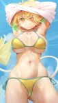  +_+ absurdres bikini blonde_hair blue_eyes blue_hair bombergirl breasts colored_tips fuse fuse_tail hesoten highres large_breasts multicolored_hair oppai_loli pine_(bombergirl) short_hair side-tie_bikini swimsuit twintails two-tone_hair yellow_bikini yellow_pupils 