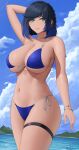  1girl bangs bare_shoulders beach bikini black_hair blue_bikini blue_hair blue_sky blush bob_cut breasts cleavage cloud collarbone day diagonal_bangs earrings genshin_impact green_eyes highres jewelry large_breasts looking_at_viewer mole mole_on_breast multicolored_hair navel ocean outdoors parted_lips short_hair side-tie_bikini sky smile solo swimsuit thighs two-tone_hair yelan_(genshin_impact) zaphn 