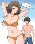  abs amamiya_ren arms_behind_head bikini black_hair blue_swim_trunks breasts brown_eyes brown_hair cowboy_shot gorojiro_(goro5626) kawakami_sadayo loose_bikini male_swimwear navel open_mouth persona persona_5 pose short_hair side-tie_bikini simple_background surprised sweatdrop swim_trunks swimsuit twitter_username yellow_bikini 