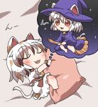  1girl animal_ears barefoot bed_sheet blue_headwear broom broom_riding cat_ears cat_tail closed_eyes crop_top dreaming goutokuji_mike hat multicolored_hair orange_eyes patch rokugou_daisuke short_hair short_sleeves signature skirt solo streaked_hair tail tongue tongue_out touhou white_hair white_skirt witch witch_hat 