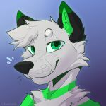  anthro canid canine canis fluffy fur green_body green_eyes green_fur green_stripes hi_res kai_(character) male mammal side_look smile solo stripes wolf 