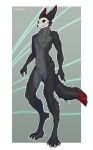  andromorph anthro black_body black_fur bone canid canine canis claws deodrac fur genitals grey_body grey_fur hi_res intersex long_ears mammal nude pussy red_body red_fur red_tail_tip skull skull_head solo standing white_claws wolf 