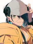  arknights arm_up baseball_cap black_hair blue_hair character_request closed_mouth ear_piercing green_eyes grey_headwear hair_over_one_eye hat headphones highres jacket looking_at_viewer multicolored_hair open_clothes open_jacket piercing pointy_ears simple_background smile tetuw two-tone_hair upper_body white_background yellow_jacket 