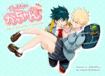  1boy 1girl backpack bag bakugou_katsuki bf0000_m blonde_hair blue_background boku_no_hero_academia breasts carrying cleavage crepe explosive food genderswap genderswap_(mtf) green_eyes green_hair grenade grin light_blue_background loafers midoriya_izuku necktie pleated_skirt princess_carry school_bag school_uniform shoes short_hair skirt smile spiked_hair yankee yellow_eyes 