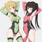  2girls akatsuki_kirika armpits arms_up bangs black_hair blonde_hair blunt_bangs breasts covered_navel green_eyes green_leotard grey_background highres leotard long_hair looking_at_viewer medium_breasts multiple_girls one_eye_closed pink_leotard senki_zesshou_symphogear shiny shiny_hair shiny_skin short_hair simple_background skin_tight small_breasts smile standing striped striped_thighhighs suzunarisakuya thighhighs tsukuyomi_shirabe twintails 