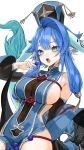  1girl blue_eyes blue_hair breasts chinese_clothes clothing_request dragon_girl dragon_tail fang gotou_(nekocat) highres large_breasts long_hair long_sleeves nail_polish open_mouth original pointy_ears solo tail tongue tongue_out white_background 