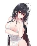 1girl azur_lane bangs bare_shoulders black_hair breasts cleavage closed_mouth collarbone crossed_arms dress earrings finger_to_mouth flower hair_flower hair_ornament hairclip highres jewelry large_breasts lips lml long_hair looking_at_viewer necklace official_alternate_costume red_eyes shushing smile solo taihou_(azur_lane) taihou_(temptation_on_the_sea_breeze)_(azur_lane) upper_body white_background white_dress 