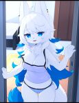  2022 5_fingers absurd_res ahoge anthro bed bedroom bella_(devil-vox) big_breasts black_nose blue_body blue_eyes blue_fur blue_hair blush blush_lines breasts camisole canid canine canis claws cleavage clothed clothing colored cute_fangs devil-vox digital_media_(artwork) dipstick_tail doorway ear_piercing female female_anthro finger_claws fingers fur furniture hair hi_res kemono long_hair looking_at_viewer mammal markings multicolored_hair multicolored_tail navel open_mouth panties piercing portrait solo standing tail_markings three-quarter_portrait underwear white_body white_fur white_hair wolf 